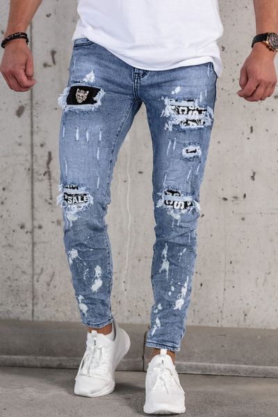 zilas vīriešu streetwear džinsu bikses ar nodilumu, akmens mazgāšanas efektu un dekoratīvu broderi
