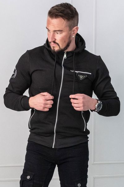 Melna strukturēta jaka ar kapuci ar sudraba detaļām JERONE